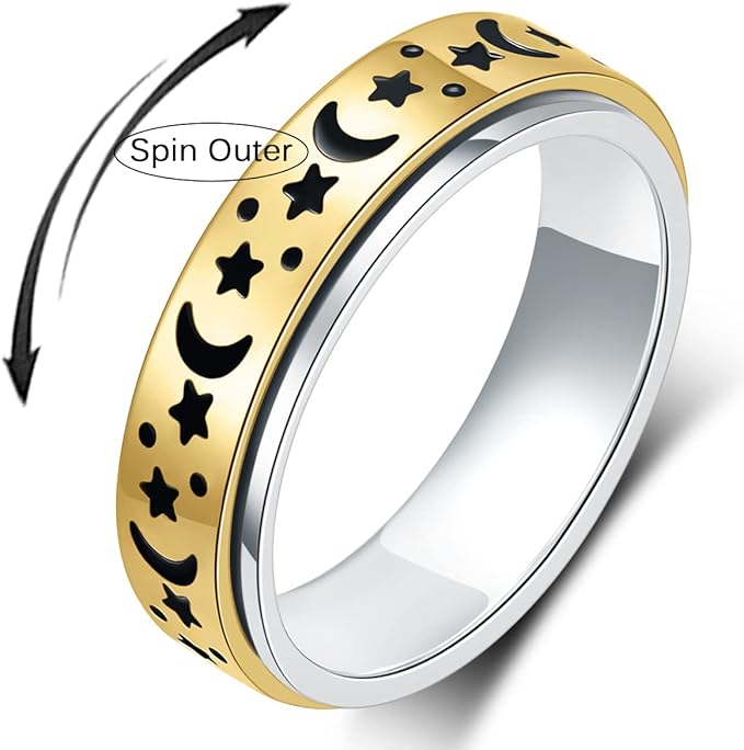 OreilleStar Anxiety Ring for Women Fidget Ring Spinner Thumb Ring Stainless Steel Gold Band Moon Star Fidget Rings for Women and Men