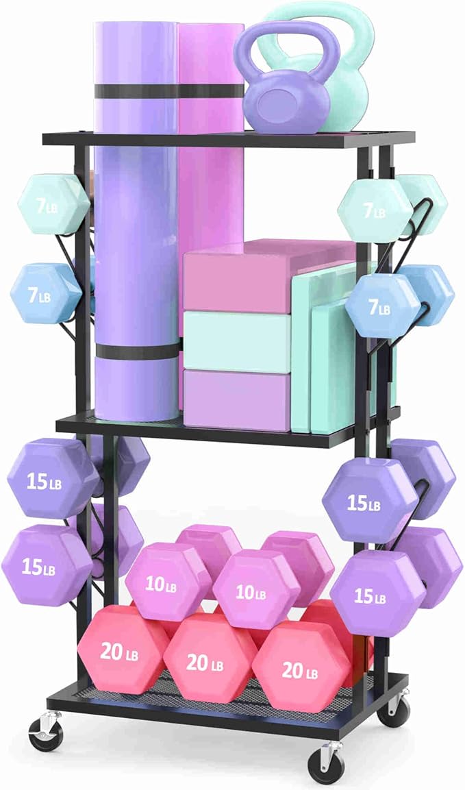 Dumbbell Rack Compact Weight Rack Home Gym Storage Rack Yoga Mat Storage Workout Equipment Organizer with Wheels