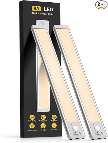 14.7inch Under Cabinet Lighting, 2 Pack Rechargeable Motion Sensor Light Indoor, 5 Levels Dimmable Magnetic Closet Lights, Wireless Under Counter Lights for Kitchen, Stairs,Hallway
