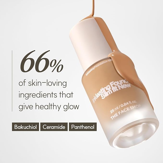 THE FACE SHOP Ink Lasting Liquid Foundation, Full Coverage, 72‑Hour Wear Semi‑Matte Finish, Makeup with Bakuchiol, W510 Hazelnut, 0.84 Fl. Oz.