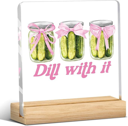 Mental Health Decor, Motivational Gifts for Women Men, Girl Who Loves Pickles, Pink Coquette Bows Inspirational Acrylic sign with Wooden office Accessories Bedroom Dorm Apartment Decoration