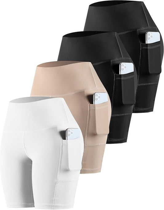 CHRLEISURE Womens Biker Yoga Shorts with Pockets: High Waisted Tummy Control Spandex Workout Athletic Gym Shorts 4 Packs