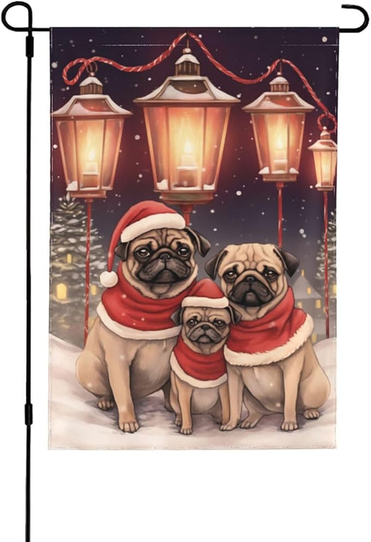 Christmas Pug Garden Flag 12x18 In Double Sided Yard Flags Lawn Sign Decor No Flagstand