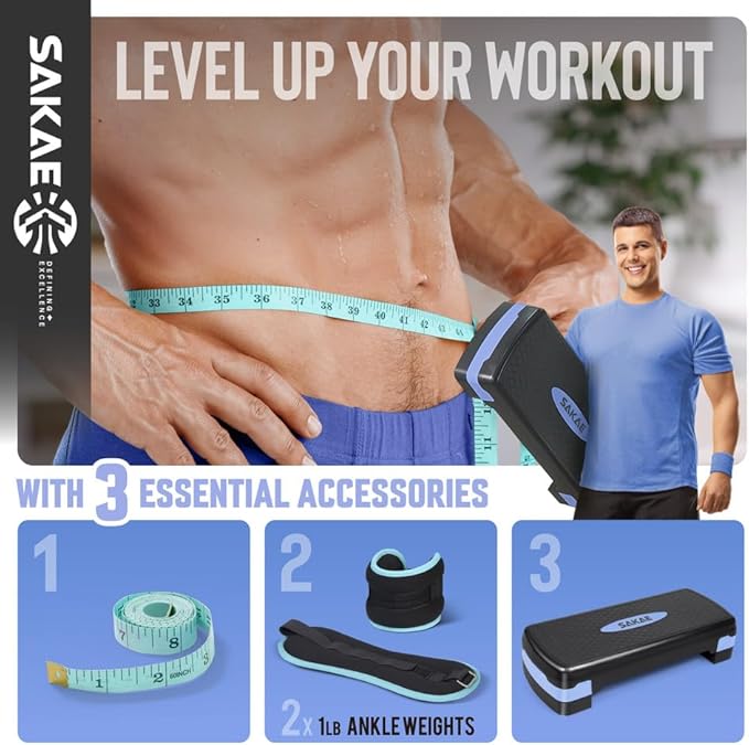 SAKAE Exercise Step Platform Set with Ankle Weights & Measuring Tape, Adjustable Height 2 Level Risers Workout Step Trainer, Aerobic Steppers for Home Gym Exercise Fitness Workout, Multiple Colors