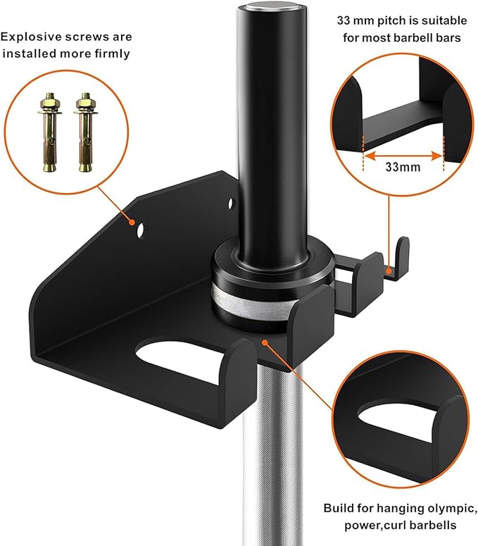Olympic Barbell Hanger Barbell Rack Garage Gym Bar Wall Rack,Wall Mount Barbell Storage Holder Olympic Bar Hanger, Holds Under 33mm Bar Size