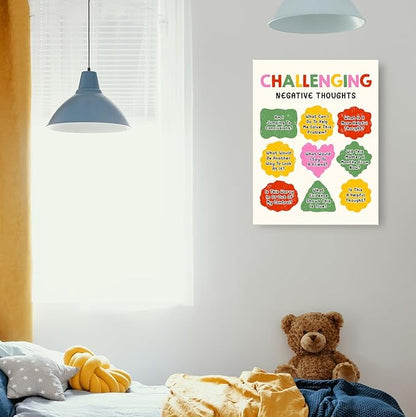 Gwisml Challenging Negative Thoughts Inspirational Mental Health Canvas Wall Art,Growth Mindset Print Painting Artwork for School Home Counselor Office Therapy Office Wall Decor
