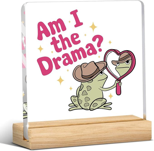 Mental Health Decor, Funny Mental Health Gift for Women Men, Cowboy Frog Acrylic Sign with Wooden Office Accessories Bedroom Dorm Apartment Decoration-Am I the Drama Cowboy Frog