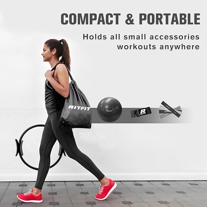 RitFit Pilates Kit - 14 Inch Pilates Ring Magic Circle with Pilates Ball, Resistance Bands & Yoga Strap, Pilates Equipment for Home Workout Toning Thighs, Arms and Core (Black/Pink)
