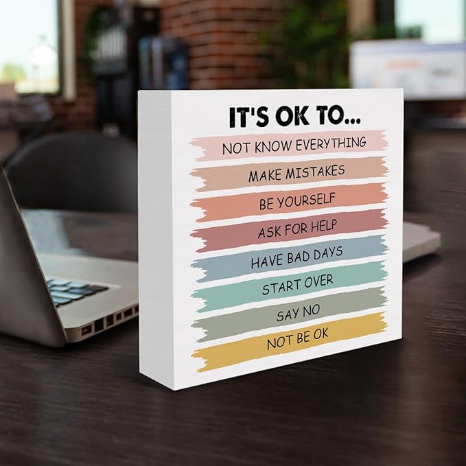 Positive Affirmations Sign It's Okay to Not Be Okay Wood Block Sign Mental Health Decorative Desk Sign Classroom Playroom School Counselor Therapy Office Home Shelf Tabletop Decor 5 X 5 Inches