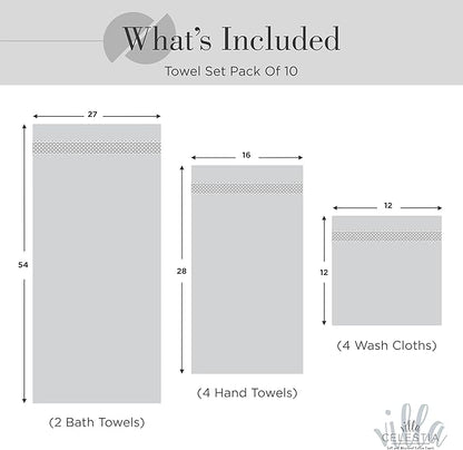 100% Cotton Bath Towel Set of 10-2 Bath Towels, 4 Hand Towels, 4 Wash Cloths, Sustainable, Soft, Highly Absorbent, Combed Cotton 10 Piece Set for Hotels, Spa, Bathroom, Dorm, Silver