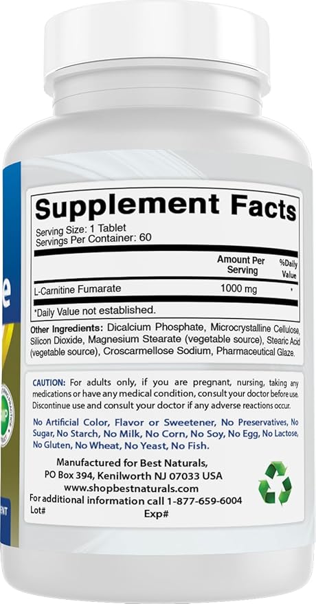 Best Naturals L-Carnitine 1000mg 60 Tablets (60 Count (Pack of 1))
