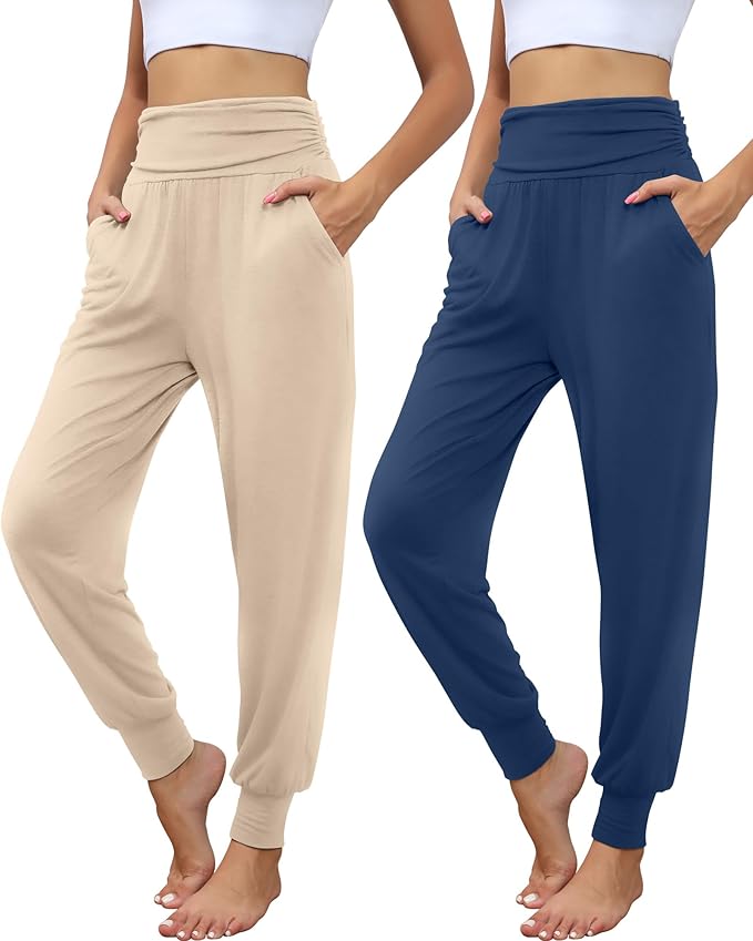 2 Pack Women's Yoga Joggers, Cozy Sweatpants with Pockets Casual Loose Comfy High Waisted Lounge Pants