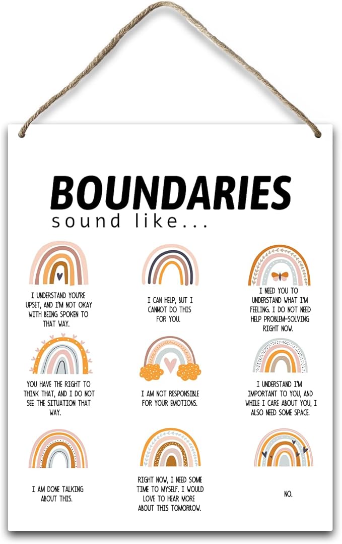 Hanging Plaque With Rope, Home Wall Decor Wood Boundaries Sign, Door Decor Mental Health Rainbow Wood Sign for Study Dining Room Psychological Counseling Office Bedroom, Farmhouse Art Plaque Gift -25