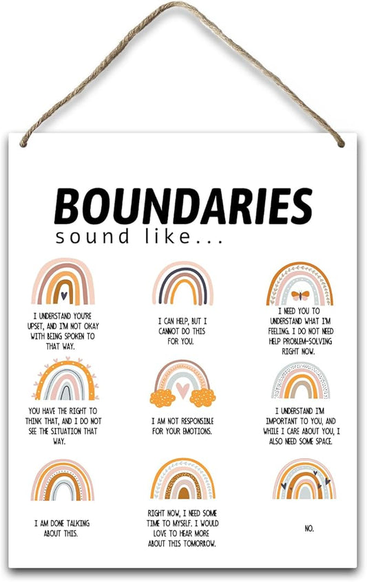 Hanging Plaque With Rope, Home Wall Decor Wood Boundaries Sign, Door Decor Mental Health Rainbow Wood Sign for Study Dining Room Psychological Counseling Office Bedroom, Farmhouse Art Plaque Gift -25