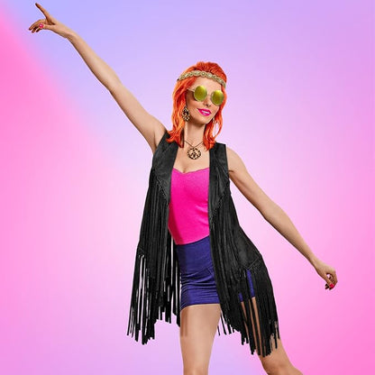 6 Pcs 60s 70s Outfits for Women Hippie Costume Set Peace Sign Earring Headband Fringe Vest Tassel Cardigan