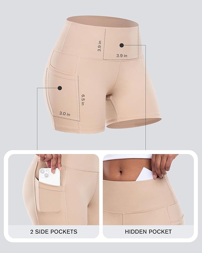 CHRLEISURE Womens Biker Yoga Shorts with Pockets: High Waisted Tummy Control Spandex Workout Athletic Gym Shorts 4 Packs