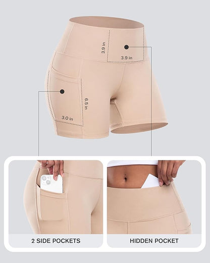 CHRLEISURE Womens Biker Yoga Shorts with Pockets: High Waisted Tummy Control Spandex Workout Athletic Gym Shorts 4 Packs