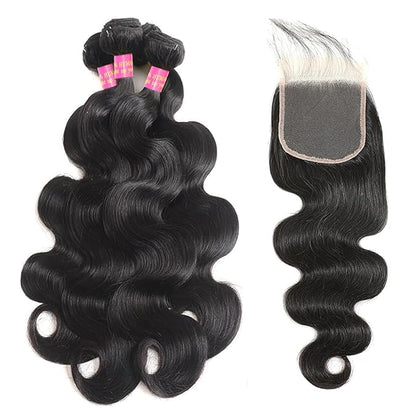 12A Body Wave 4 Bundles With 5x5 Closure (16 18 20 22 +14 Inch) Body Wave Bundles with Closure Human Hair 100% Unprocessed Brazilian Virgin Quick Weave Bundles Human Hair Natural Black