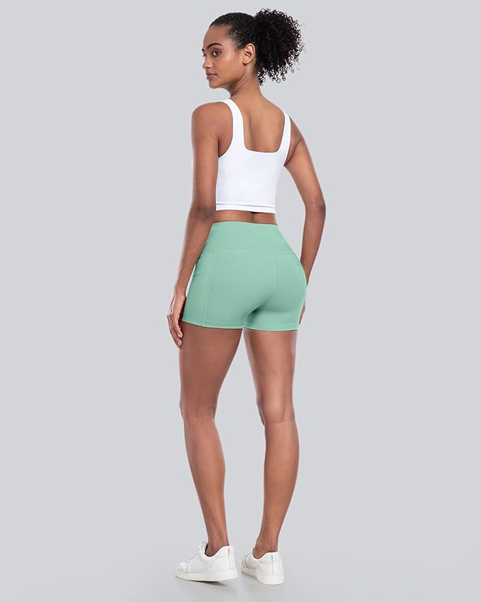 CHRLEISURE Womens Biker Yoga Shorts with Pockets: High Waisted Tummy Control Spandex Workout Athletic Gym Shorts 4 Packs