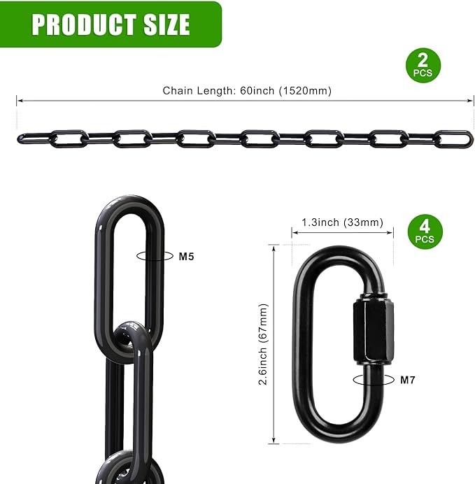 SELEWARE 2 Pack 60 Inch Hanging Swing Chain with 4 Carabiners, 1000LB Capacity Plastic Coated Hanging Chains, Hammock Hardware Kit for Swing, Hanging Chair, Punching Bags, Indoor Outdoor Gym (Black)