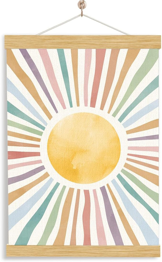 YGSDZY Sun Playroom Poster, Wood Poster Hanger, Watercolor Nursery Sun Print, Rainbow Wall Art, Girls Room Decor, Playroom Decor, Boho Decor, School Psychology, Mental Health Wall Decoration