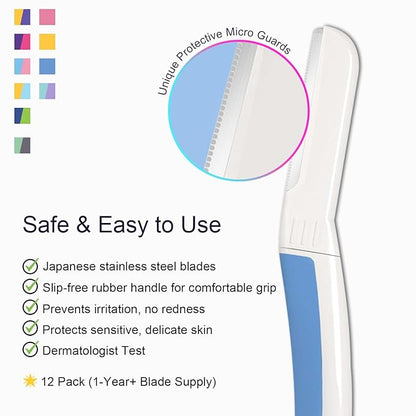 Face Razors for Women, Dermaplane Razor for Women Face, Eyebrow Razor, Dermaplaning Tool, Skin Safe Microblades, Peach Fuzz Remover (12ct, Aegean Frost)