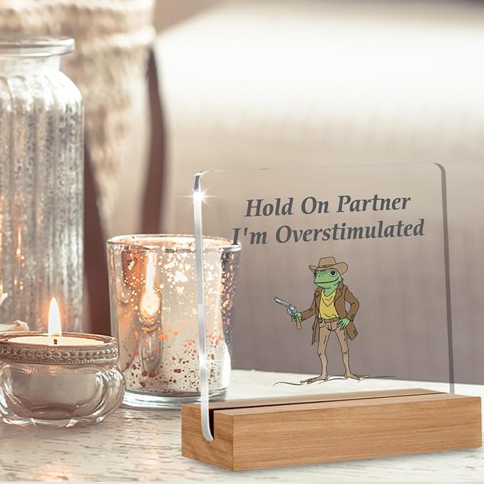 Caution Overstimulated Desk Sign, Hold On Partner I'm Overstimulated Acrylic Plaque Gifts for Coworkers Friends, Funny Office Desk Decor