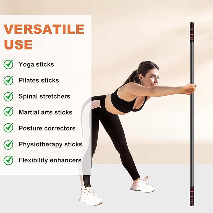 Yoga Stick Sturdy Steel, 5 Ft Adjustable Stretching Stick for Mobility, Flexibility and Balance, Versatile Exercise Stick with Non-Slip Ends and Foam Handles for Fitness, and Posture