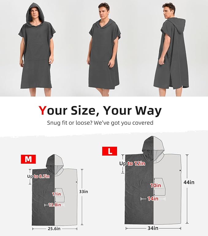 Abahub Surf Poncho Men & Women Towel Poncho Adult with Hood, Thick Quick Dry Changing Poncho Towel, Microfiber Wearable Cover Up for Surfing Beach Swim - Absorbent Changing Towel M (Grey)