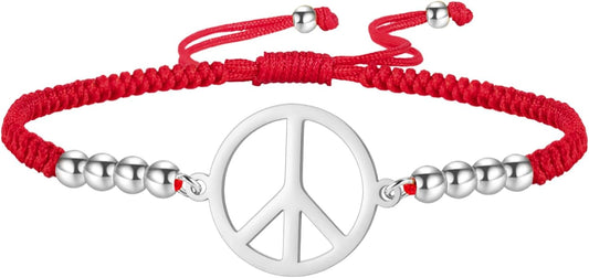 LIKGREAT Peace Adjustable Beaded Bracelet Peace Sign Symbol Pendant Handmade Braided Wax Cords Bracelet for Women