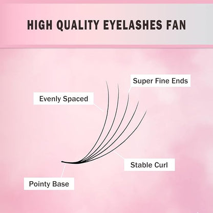Promade Eyelash Fans Mix Length 1000 Fans Volume Lash Extensions 8D-16D, C/D Curl, 9-16mm Length, 0.05-0.07 Short Stem PBT Synthetic Vegan False Eyelash