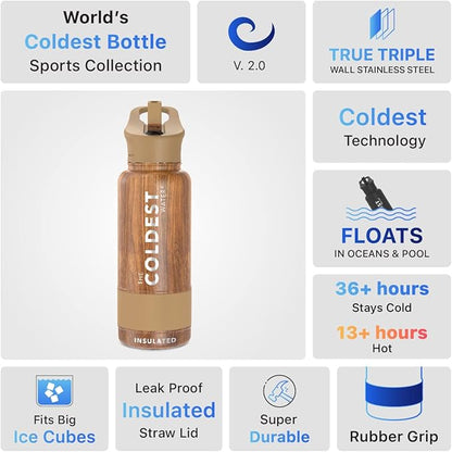 Coldest Insulated Water Bottle with Straw Lid - Stainless Steel Metal Insulated Bottle for Men & Women (Executive Wood, 32 oz)