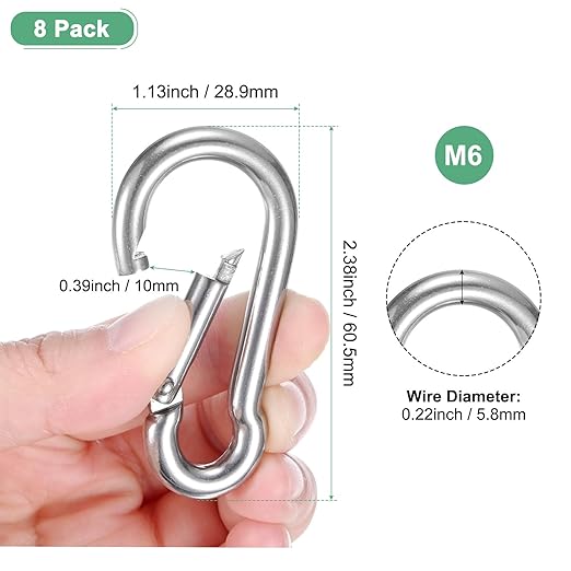 8-Pack Spring Snap Hooks, M6 304 Stainless Steel 2.38 Inch Quick Link Snap Hooks for Keychain Clip/Hammock/Hiking, D Ring Shape Trigger Buckle Clips