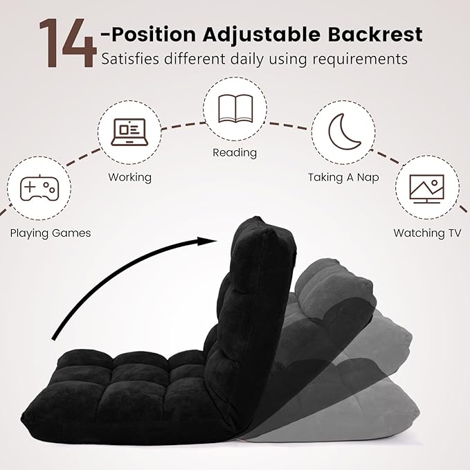 Moccha 14-Position Floor Chair, Folding Sofa Chair with Back Support, Memory Foam Floor Gaming Chairs for Adults, Adjustable Padded Couch Recliner Sleeper Bed for Reading, Meditating, Black