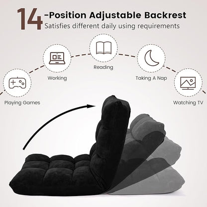Moccha 14-Position Floor Chair, Folding Sofa Chair with Back Support, Memory Foam Floor Gaming Chairs for Adults, Adjustable Padded Couch Recliner Sleeper Bed for Reading, Meditating, Black