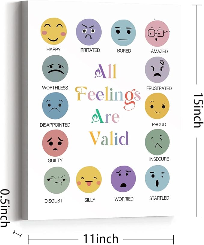 All Feelings Are Valid Canvas Wall Art,Feelings Chart Canvas Framed Wall Art Painting Ready to Hang for Nursery/Kids Playroom/Classroom Decor,Motivational Quotes Gifts for Teens Kids (12 x 15 Inch)