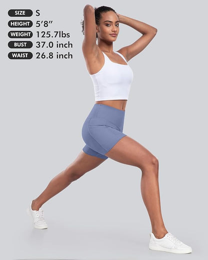 CHRLEISURE Womens Biker Yoga Shorts with Pockets: High Waisted Tummy Control Spandex Workout Athletic Gym Shorts 4 Packs
