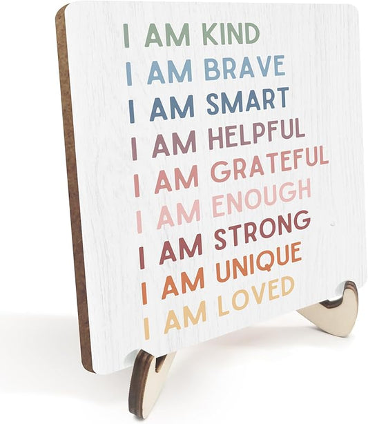 Decorative Desk Decor Motivational I Am Kind Affirmations Positive Plaque with Wooden Stand Inspirational Wood Sign for Nursery Playroom Homeschool Classroom Reading Corner Table Shelf