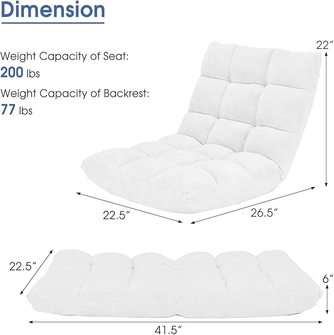 GORELAX Memory Foam Floor Chair, 14-Poistion Adjustable Reading Gaming Chair Recliner, Folding Cushioned Meditation Chair with Back Support, Padded Lazy Sofa for Adults, Kids (White)