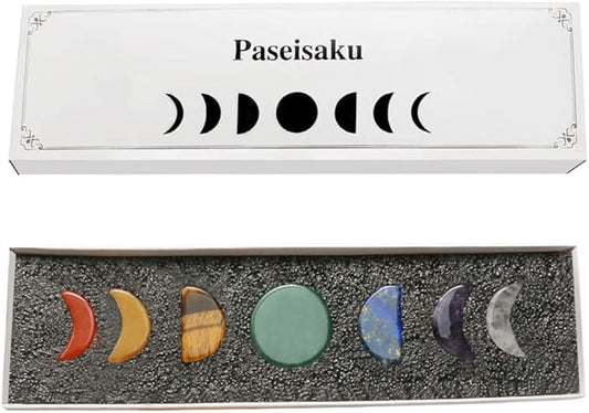 7 Chakra Stones Set Moon Phase Carved - Natural Gemstone Reiki Healing Crystal Quartz for Meditation, Healing, Collectable