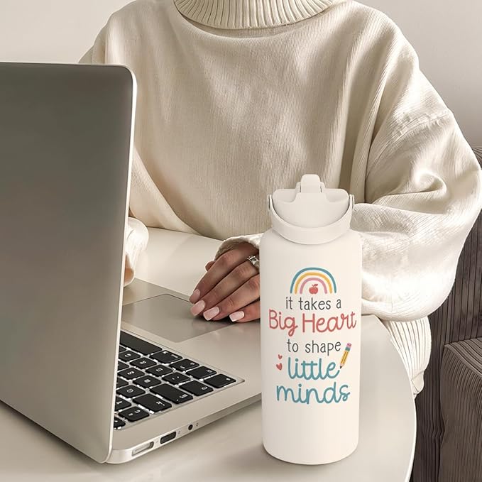 SANDJEST Teacher Appreciation Gifts - It Takes a Big Heart to Shape Little Minds Water Bottle 32oz Stainless Steel Insulated with Lid, Teacher Gifts from Students for Teacher's Day Back to School