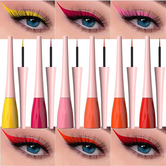 evpct 6Pcs Yellow Red Pink Tomato OrangeRed Brown Liquid Eyeliner Set Waterproof Eye Liners for Women, Eyes Wing Colored Eyeliner delineador de ojos a prueba de agua contra el agua blanco para ojos