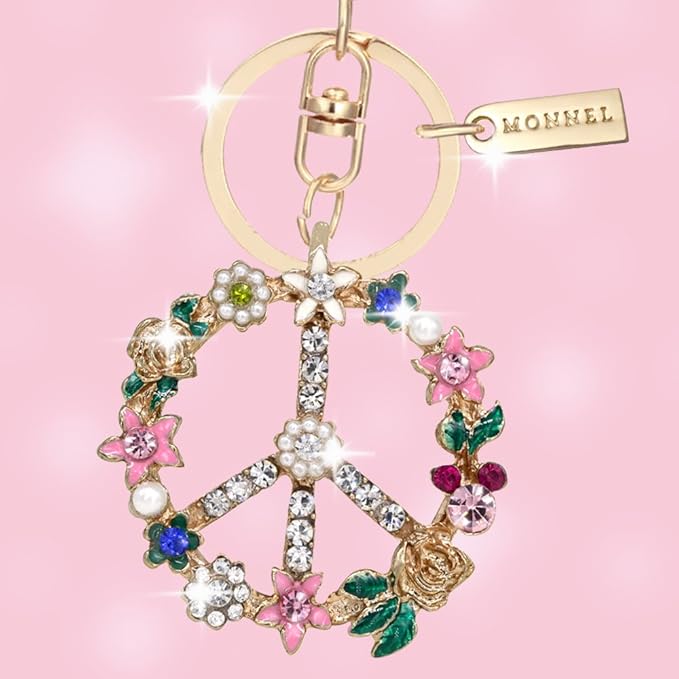 Bling Crystal Flower Peace Sign Key Ring Creative Packaging with Velvet Bag MZ843-1