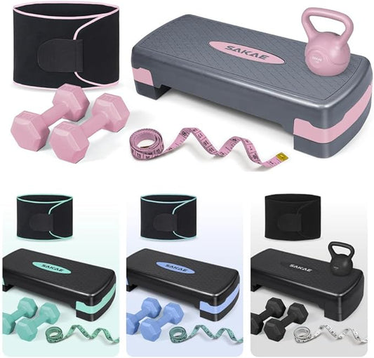 SAKAE Adjustable Aerobic Stepper Kit with Dumbbells & Kettlebell & Weightlifting Belt & Measuring Tape, 2 Level Risers Exercise Step Platform for Home Gym Exercise Fitness Workout, Multiple Colors