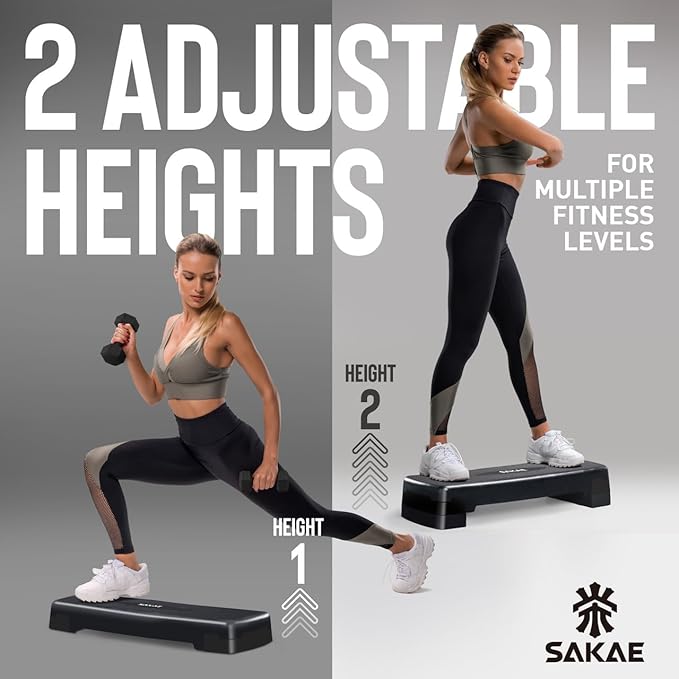 SAKAE Aerobic Step Platform Set with Waist Trimmer & Measuring Tape, Exercise Steppers for Home Exercise Fitness, Adjustable Height 2 Level Risers Workout Step Platform Trainer, Multiple Colors