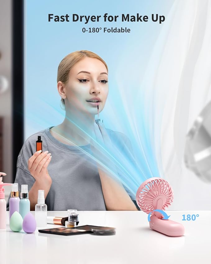 Handheld Fan, Foldable Portable Fan with LED Display, 3000mAh Battery Operated Mini Hand Held Fan, Handheld/Neck/Desk 3 in 1 Personal Small Fan for Eyelash Makeup Travel Beach Outdoor Pink