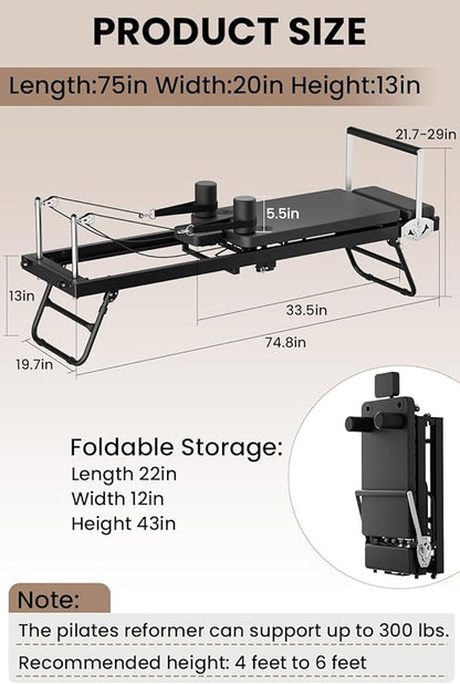 Pilates Reformer,Foldable Pilates Machine, Equipment for Home Use and Gym Workout, Fit for Advanced and Beginners and for Home,Up to 265 lbs Weight Capacity