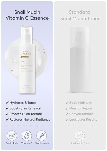 MISSHA Cell Renew Snail Mucin Vitamin C Essence Serum 3.38 Fl oz - Hydrating Korean Skincare for Glass Skin, Snail Mucin Serum for Improved Skin Texture & Complexion