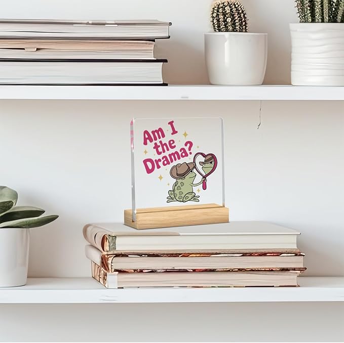 Mental Health Decor, Funny Mental Health Gift for Women Men, Cowboy Frog Acrylic Sign with Wooden Office Accessories Bedroom Dorm Apartment Decoration-Am I the Drama Cowboy Frog
