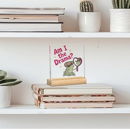 Mental Health Decor, Funny Mental Health Gift for Women Men, Cowboy Frog Acrylic Sign with Wooden Office Accessories Bedroom Dorm Apartment Decoration-Am I the Drama Cowboy Frog